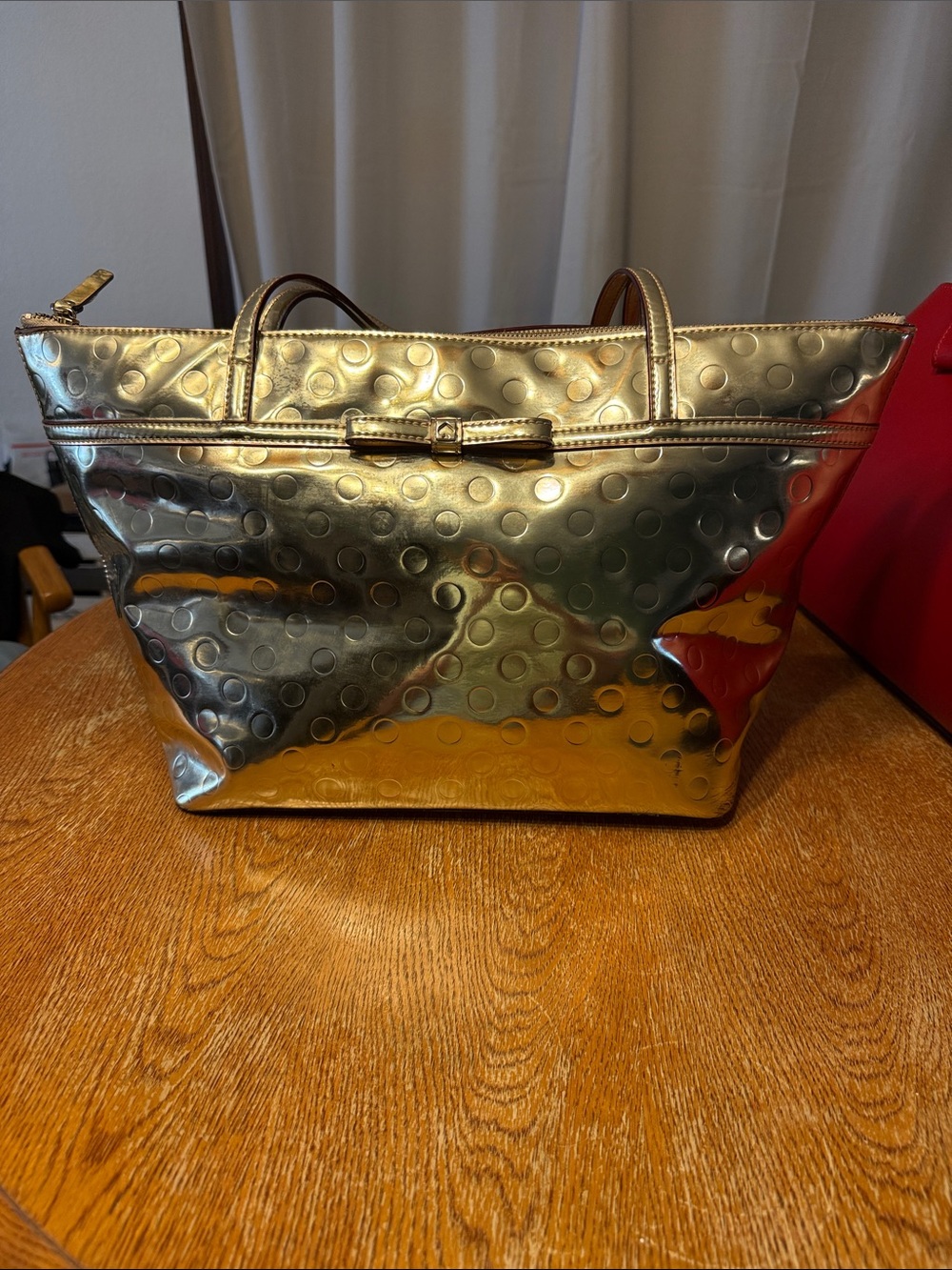 kate spade Metallic Gold Polka Dot Tote with Bow Accent